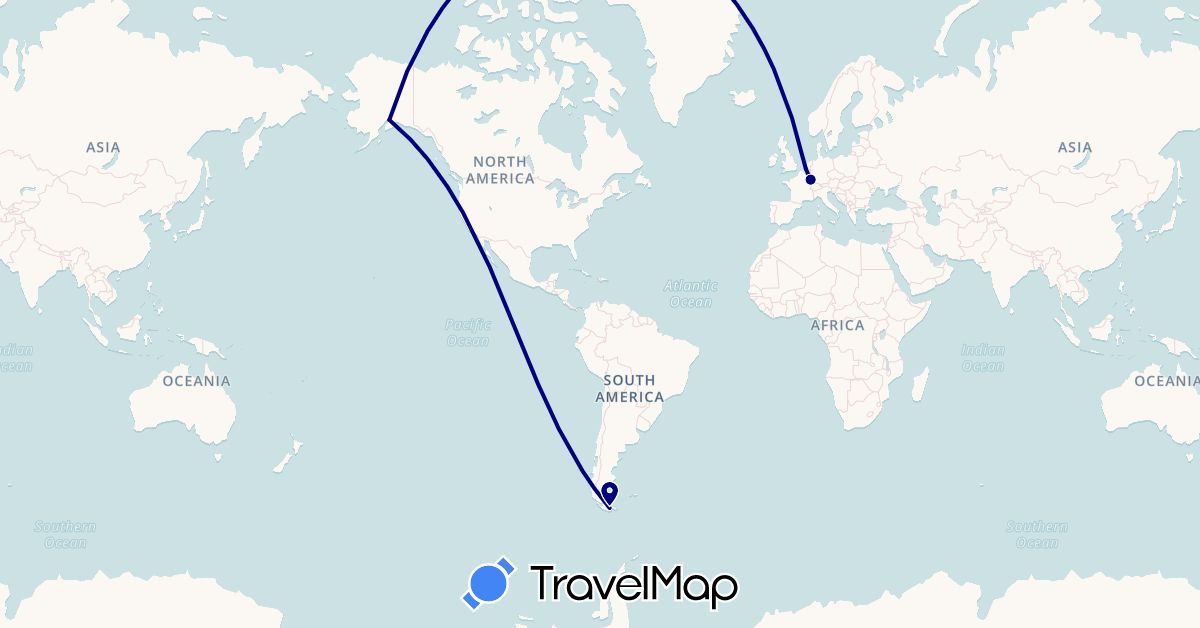 TravelMap itinerary: driving in Argentina, Belgium, France, United States (Europe, North America, South America)